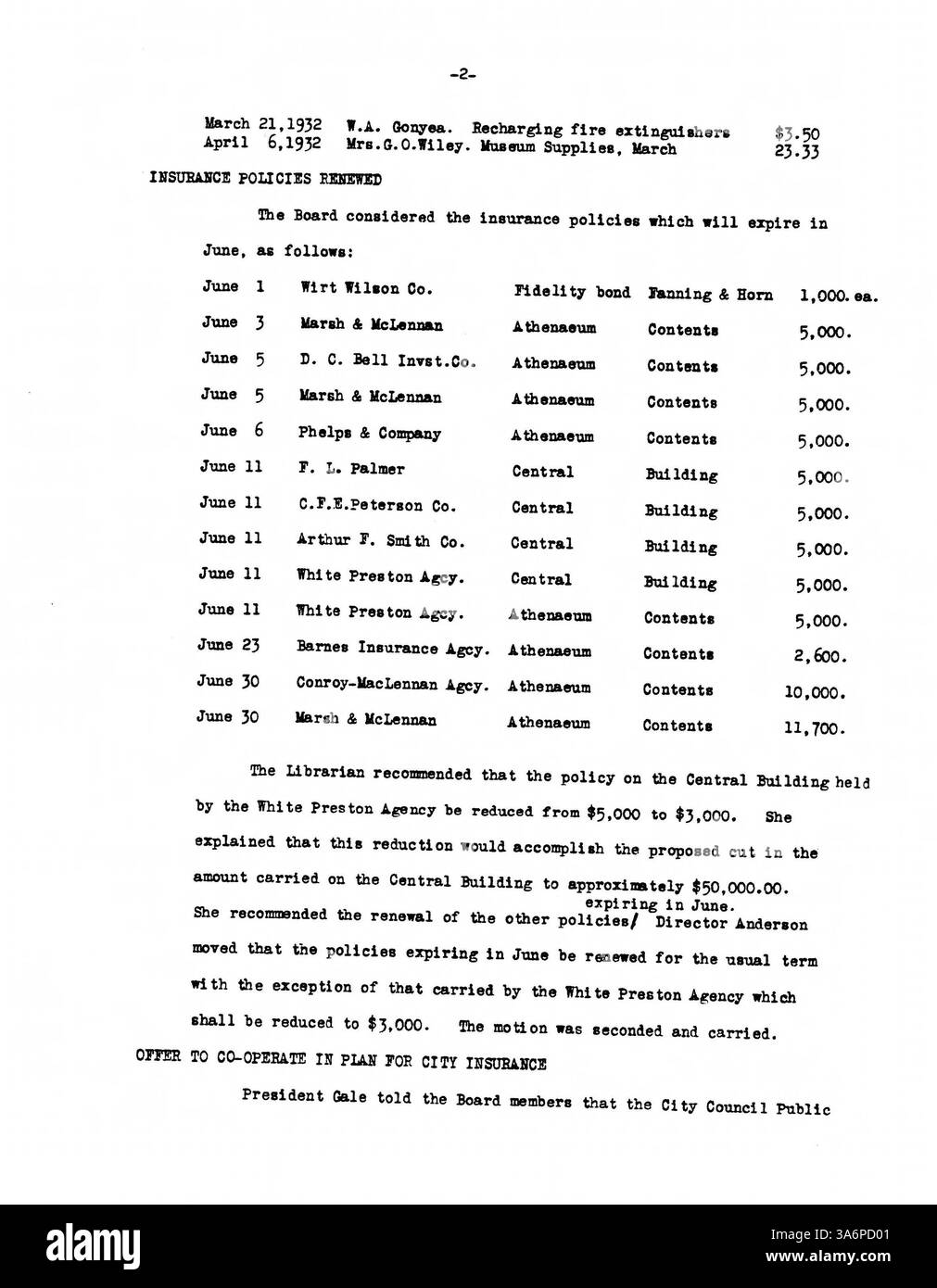 Das Sitzungsprotokoll des Minneapolis Public Library Board von 1932 dokumentiert wichtige Entscheidungen über Bibliotheksbetrieb, finanzielle Angelegenheiten und Engagement der Gemeinde während der Großen Depression. Stockfoto