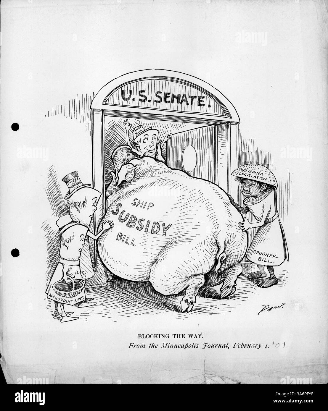 "Blocking the Way" ist ein politischer Cartoon, der den Zugang zum US-Senat durch das Gesetz über die Subventionierung von Schiffen blockiert. Das Rivers and Harbors Bill, die philippinische Gesetzgebung und andere stehen zur Seite, wenn das Army Bill es durchführt. Der Zeichentrick spiegelt den politischen Stillstand im Kongress während dieser Zeit wider. Stockfoto