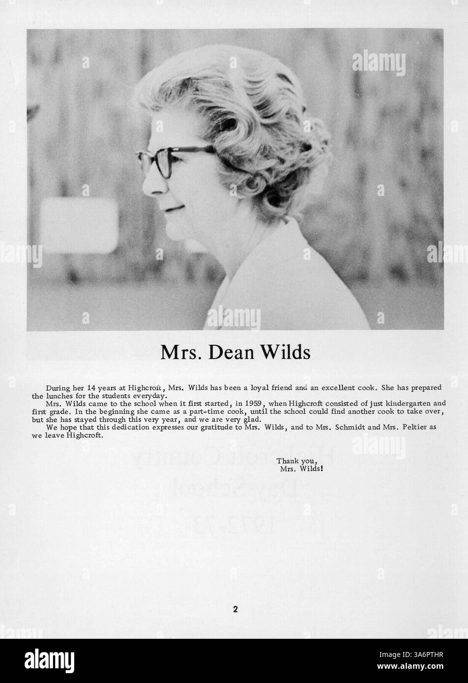 Das Jahrbuch 1973 der Highcroft Country Day School beleuchtet das Leben der Schüler, die akademischen Aktivitäten und außerschulische Aktivitäten vor der Fusion der Schule. Stockfoto