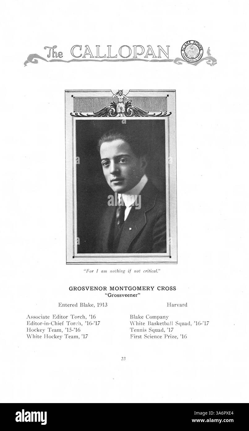 Das Blake „Callopan“ Jahrbuch 1917 spiegelt die akademischen und außerschulischen Höhepunkte des Schuljahres 1916-1917 wider und dokumentiert Studenten, Lehrkräfte, Leichtathletik und Schulclubs. Stockfoto