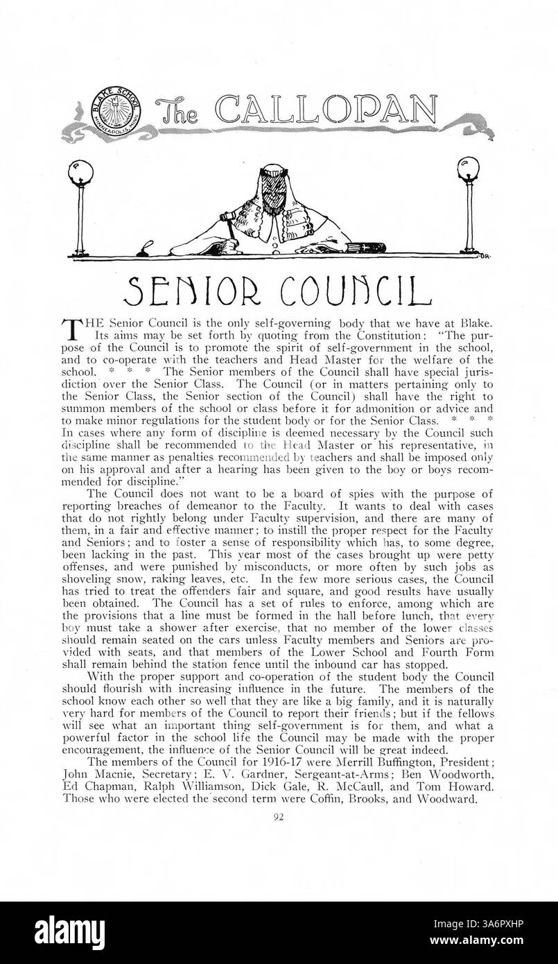 Das Blake Jahrbuch 1917, „The Callopan“, dokumentiert die Erfahrungen von Studenten, Lehrkräften und außerschulischen Aktivitäten für das Schuljahr 1916-1917. Stockfoto