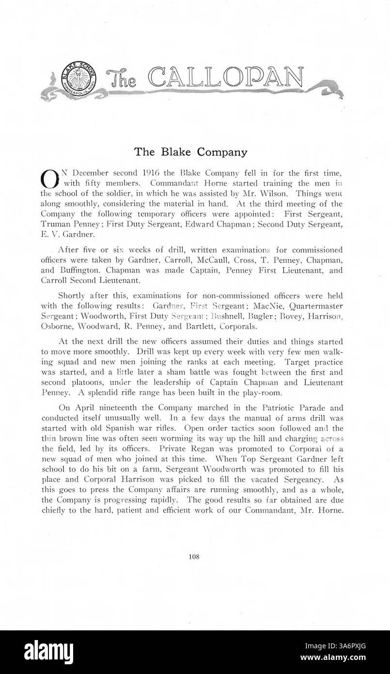 Das Blake Jahrbuch 1917, „The Callopan“, dokumentiert die akademischen und außerschulischen Höhepunkte der Blake School aus dem Schuljahr 1916-1917. Stockfoto