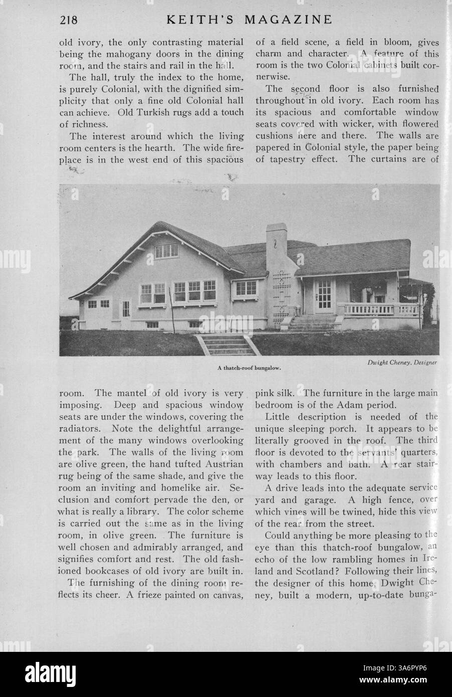 Keith’s Magazine, das 1917 vom Architekten Max L. Keith veröffentlicht wurde, zeigt eine Reihe von Hausentwürfen mit detaillierten Illustrationen und Grundrissen. Das Magazin enthält Artikel zu Baukosten, Innenarchitektur und Landschaftsgestaltung sowie Anzeigen für Wohnmöbel und -Materialien. Es enthält auch Pläne für Nichtwohngebäude wie Kirchen und Schulen, die architektonische Trends des frühen 20. Jahrhunderts widerspiegeln. Stockfoto