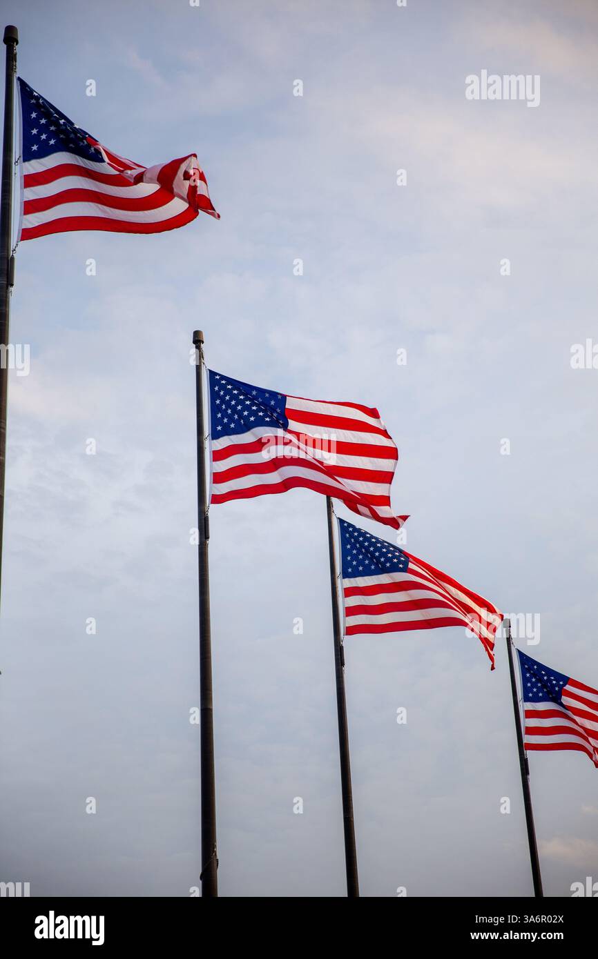 Vier US-Flaggen bewegen sich im Wind Stockfoto