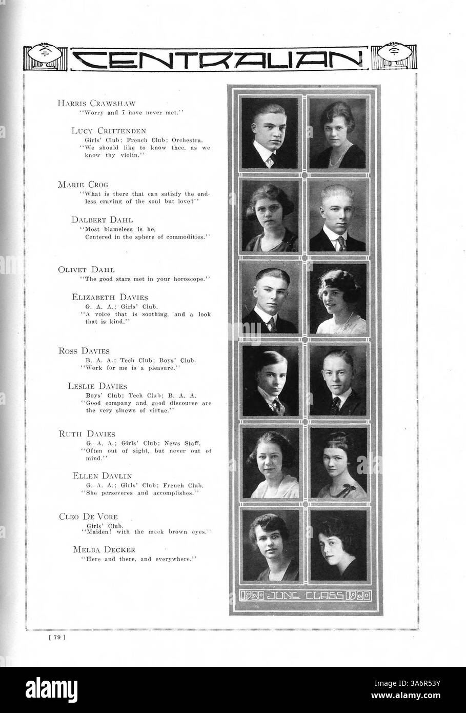 Das Centralian Jahrbuch 1920 zeigt Schüler, Lehrer, Sportmannschaften, Vereine und Schulveranstaltungen an der Central High School, wobei die Geschichte der afroamerikanischen Schule im Schuljahr 1919-1920 betont wird. Stockfoto