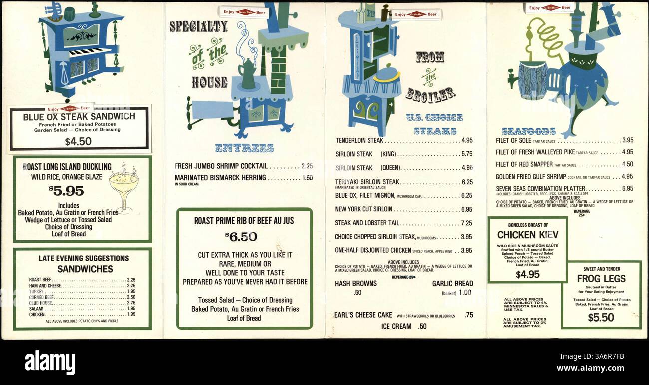 Dieses Menü des Blue Ox Night Club bietet eine Auswahl an Gerichten, darunter Hauptgerichte, Sandwiches, Steaks und Meeresfrüchte. Es wird in einem Akkordeonfalzformat mit weißem, blauem, grünem und schwarzem Design präsentiert, das Illustrationen von Klavier und Ofen hervorhebt. Die Specials sind mit Grain Belt Beer Clips versehen. Das Design zeigt einen blauen Ochsen in einer Haube des Küchenchefs an den Türen des Salons. Stockfoto