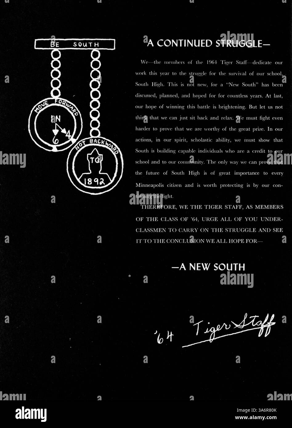 Das South High Yearbook 1964, Tiger, dokumentiert das Leben von Studenten, Leichtathletik, Clubs, und akademische Leistungen im Schuljahr 1963-1964. Sie hebt die Beiträge afroamerikanischer Studenten innerhalb der vielfältigen Schülerschaft hervor und spiegelt den Gemeinschaftsgeist der Schule wider. Stockfoto