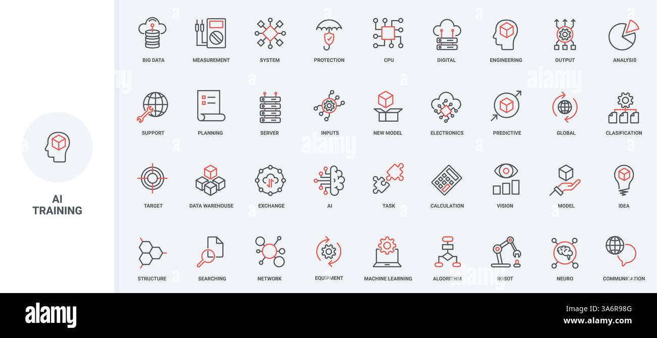 Maschinelles Lernen, KI, Modelltraining für neuronale Netzwerke, Liniensymbole zur Optimierung von Algorithmen. Vision und Datenanalyse durch digitales Gehirn, Automatisierung dünne schwarze und rote Umrisssymbole Vektorillustration Stock Vektor