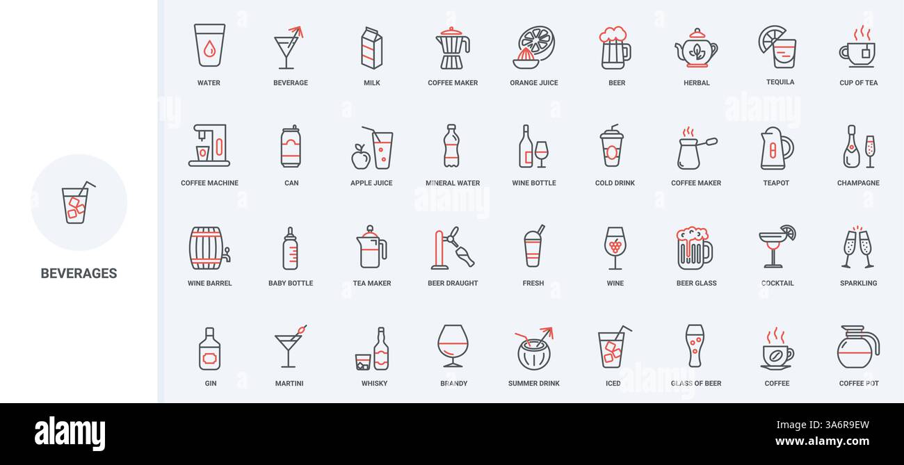 Getränke in Glas und Flasche, tropischer Alkohol-Cocktail und Bier in der Bar, Pub-Menü-Linie Icon Set. Heißer Kaffee und Tee, Soda Wasser und Saft, Whiskey dünn schwarz und rot Umrisssymbole Vektor Illustration Stock Vektor