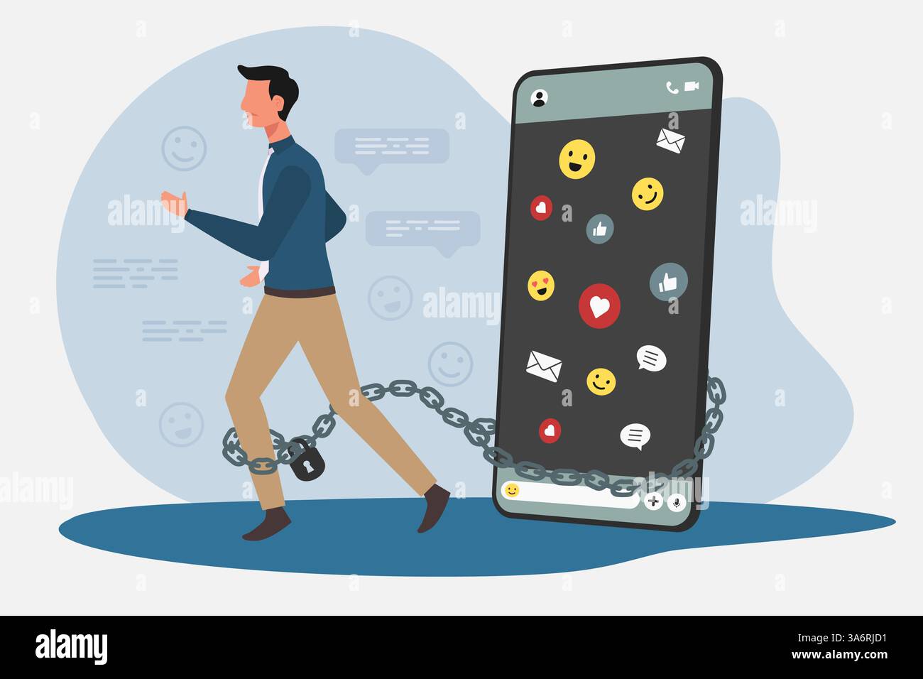 Jemand, der süchtig danach ist, soziale Medien mit einem Smartphone-Konzept zu spielen. Ein Mann, der mit einer Kette an sein Smartphone gebunden ist. Stock Vektor