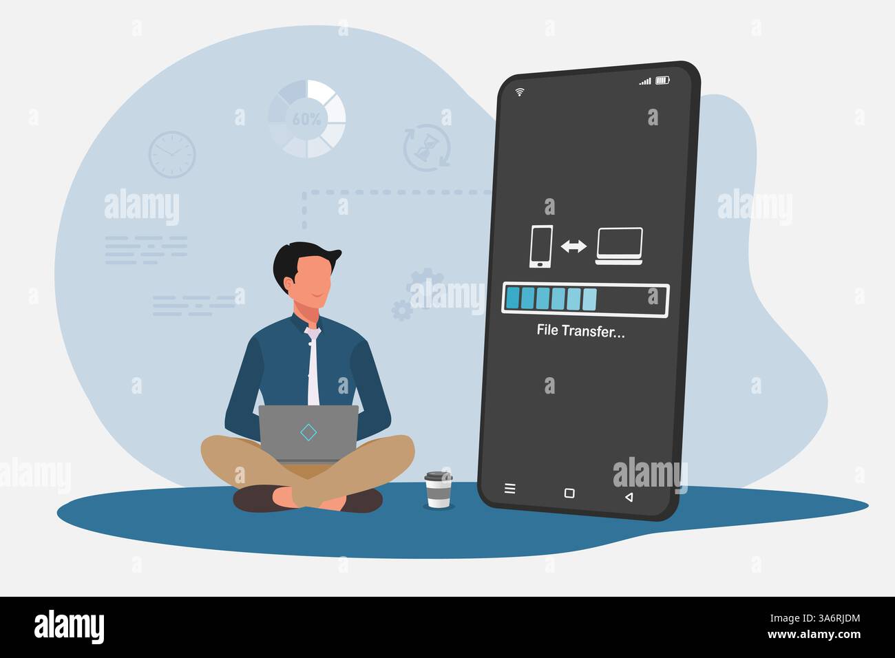Geschäftsmann überträgt Dateien vom Mobiltelefon auf einen Laptop. Backup, Kopieren von Dateien und Medien oder Austausch von Daten. Stock Vektor