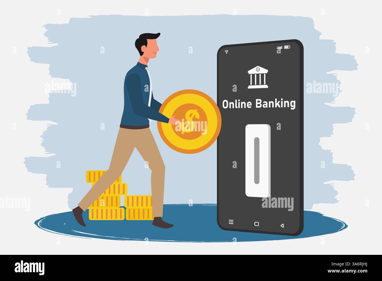 Geschäftsmann, der Münzen zum Sparen hält. Finanztransaktionen über Online-Banking-Anwendung auf Smartphone-Konzept. Stock Vektor