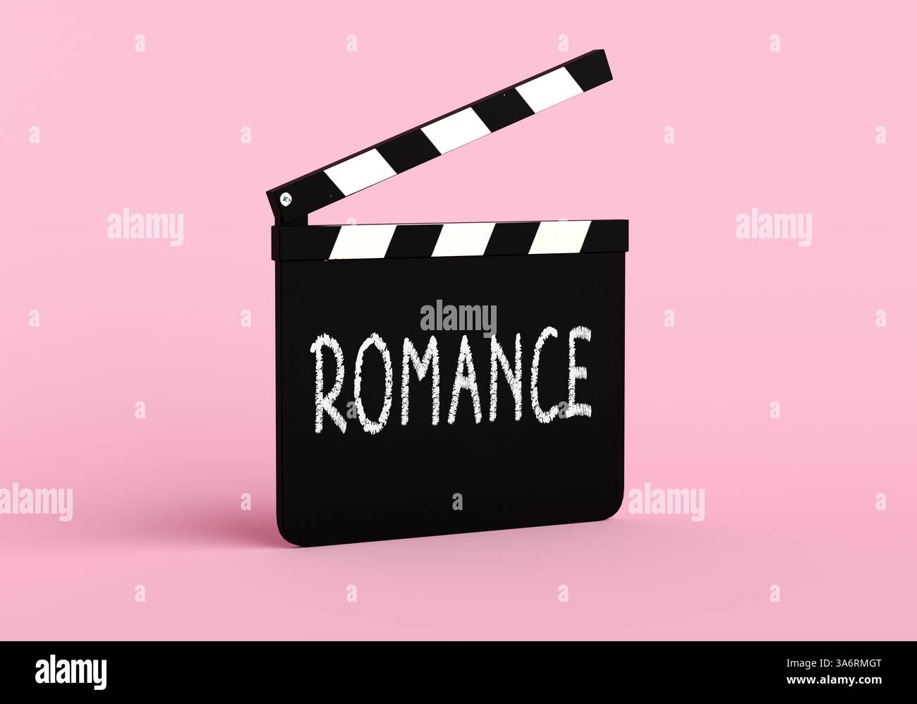 Filmklappertafel mit der Kategorie Romantik steht auf einem rosa Hintergrund, bereit zum Filmen. 3D-Rendering. Stockfoto