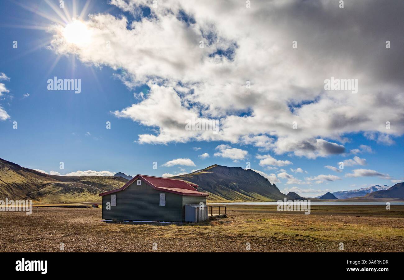 Ferienhaus auf dem Laugevegur Trail in Island Stockfoto