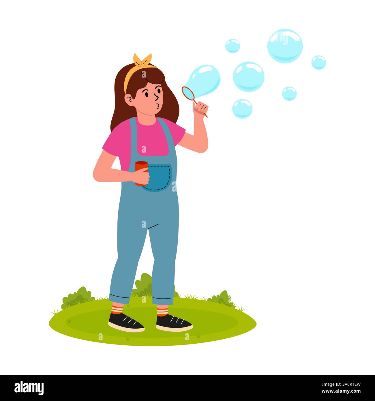 Mädchen, das während eines sonnigen Nachmittags in einem Park Blasen bläst, während sie ihre Freizeit genießt Stock Vektor