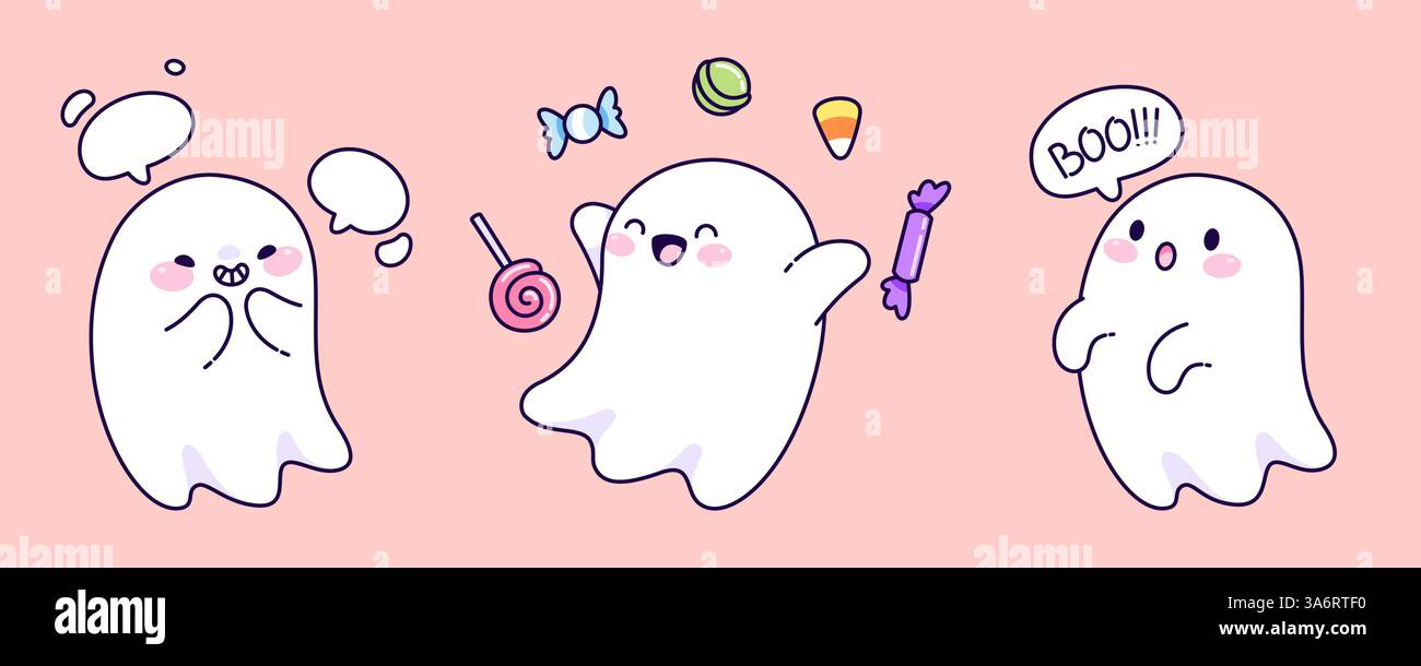 Halloween-Kawaii-Geister, isoliert auf rosa Hintergrund. Vektor-Karikaturillustration von niedlichen gruseligen weißen Maskottchen, die mit Sprechblasen lächeln, Süßigkeiten genießen, Buh sagen, gruselige Weihnachtsfiguren Stock Vektor
