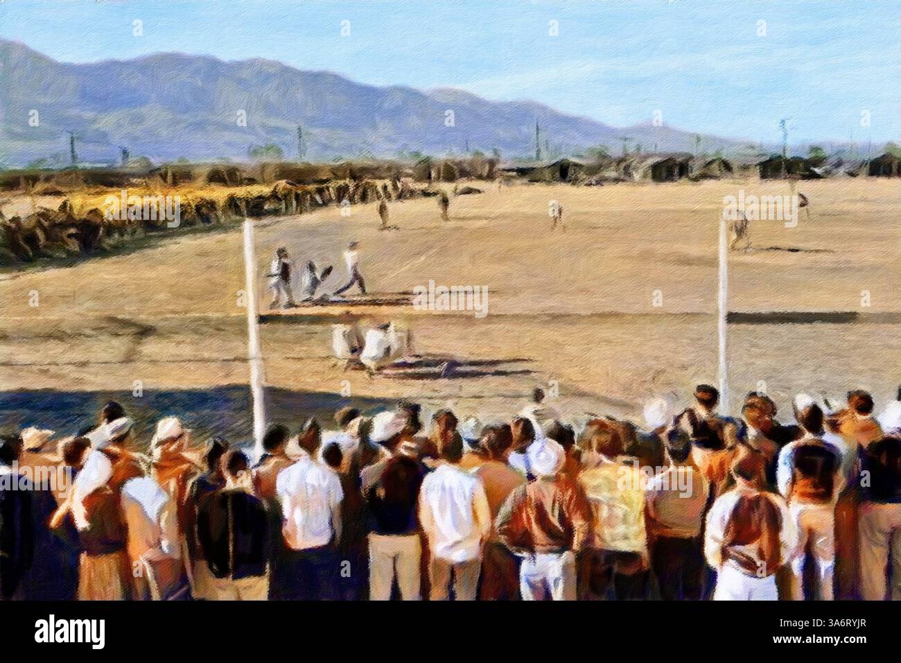 Baseballspiel, Manzanar Internierungslager, Owens Valley, Inyo County, Kalifornien 1943. Stockfoto