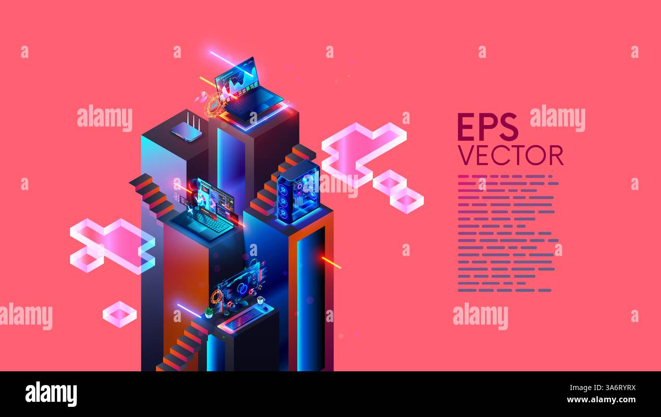 Software-Entwicklung, Codierung, Programmierkonzept. Programmierung, plattformübergreifender Code, App auf Laptop, Tablet, Telefon. Ausbildung, Fortbildung von prog Stock Vektor