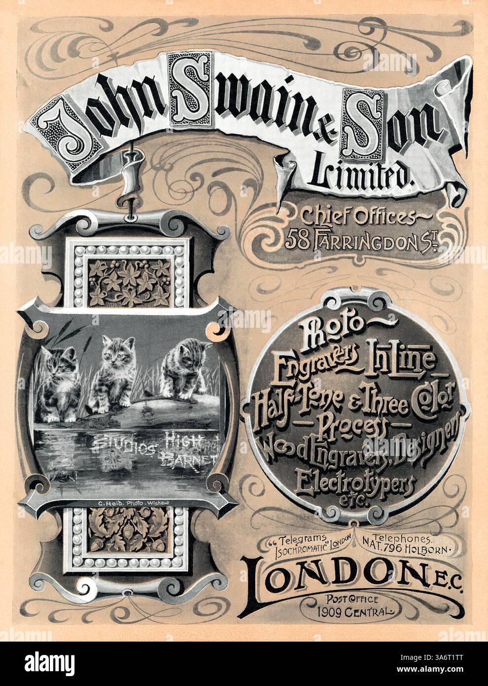 1903 britische Werbung für John Swain & Son, Graveure, Holzstecher, Designer und Ersteller von Halbton- und dreifarbigen Prozessbildern für die Druckindustrie. Stockfoto