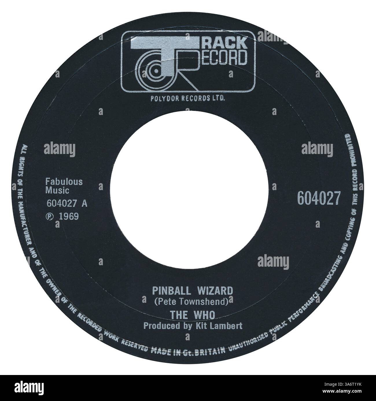 45 RPM 7' UK-Plattenlabel von Pinball Wizard (aus der Rockoper Tommy) von The Who on the Track ab März 1969. Geschrieben von Pete Townshend und produziert von Kit Lambert. Stockfoto