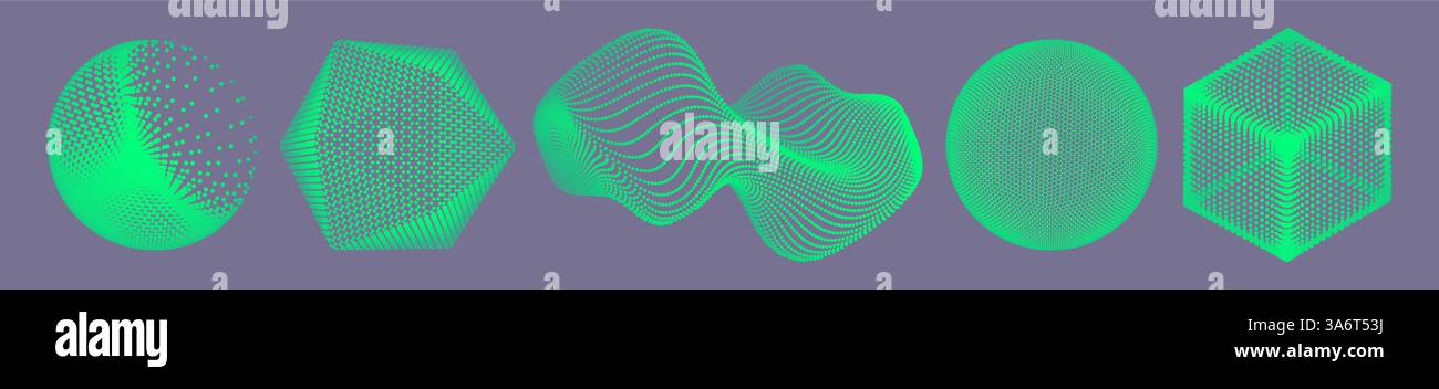 Set von geometrischen Formen für die Konstruktion. Kristall, Kugel, Würfel und Welle aus kleinen Partikeln. Objekte mit Punkten. Raster. Verbindungsstruktur für Educa Stock Vektor