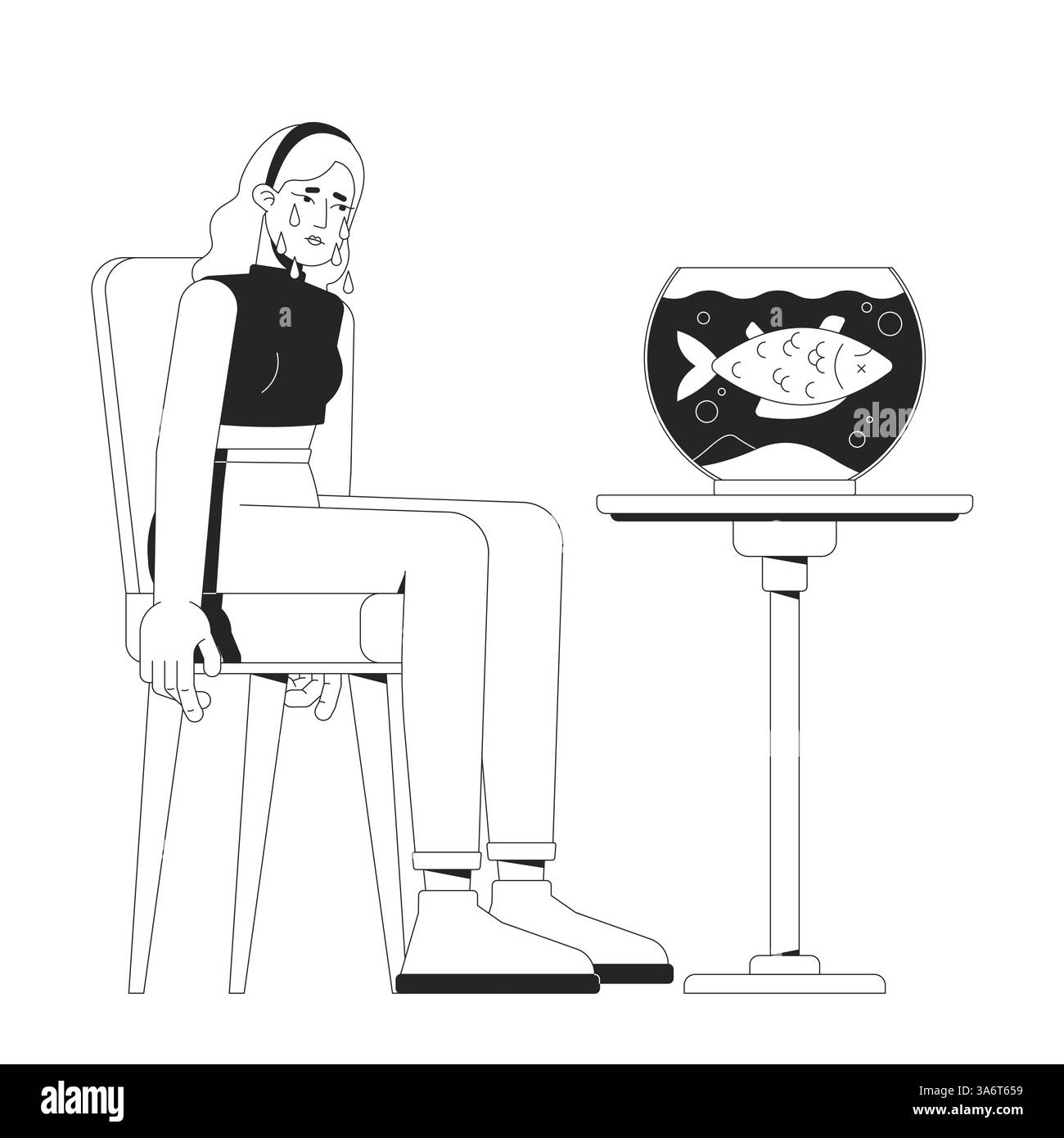 Traurige Frau weint neben Fischschüssel mit totem Fisch Umriss Illustration Stock Vektor