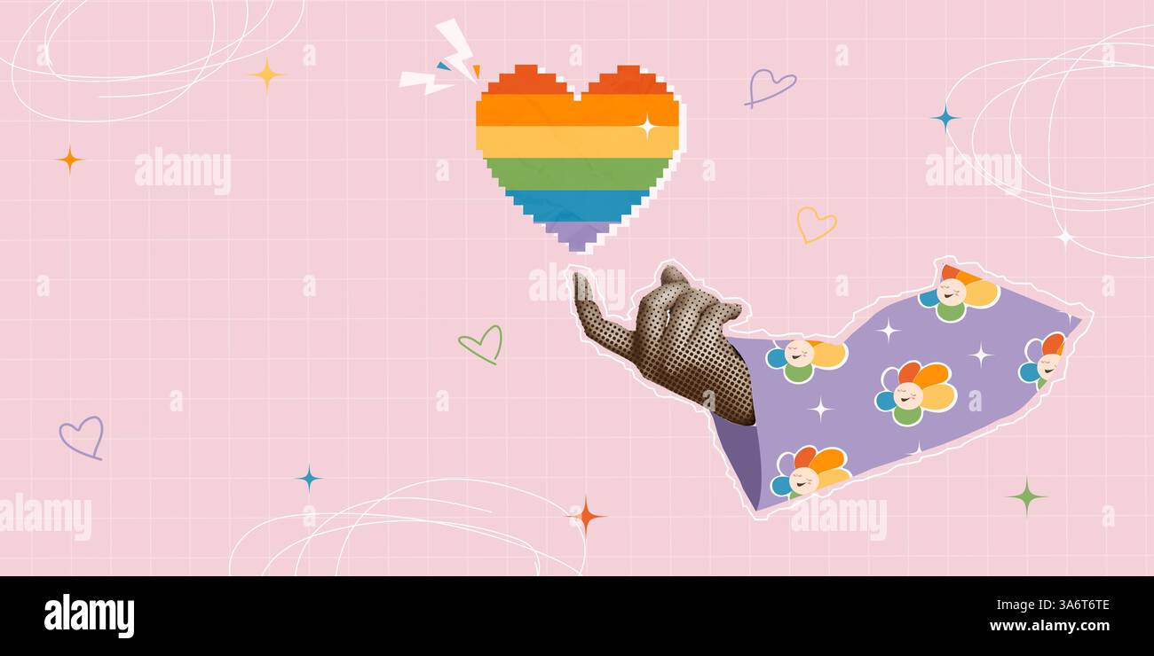 Verspielte Handgeste mit Regenbogenherz, das aus einem Blumenmuster auftaucht, Vektor-Illustration Stock Vektor
