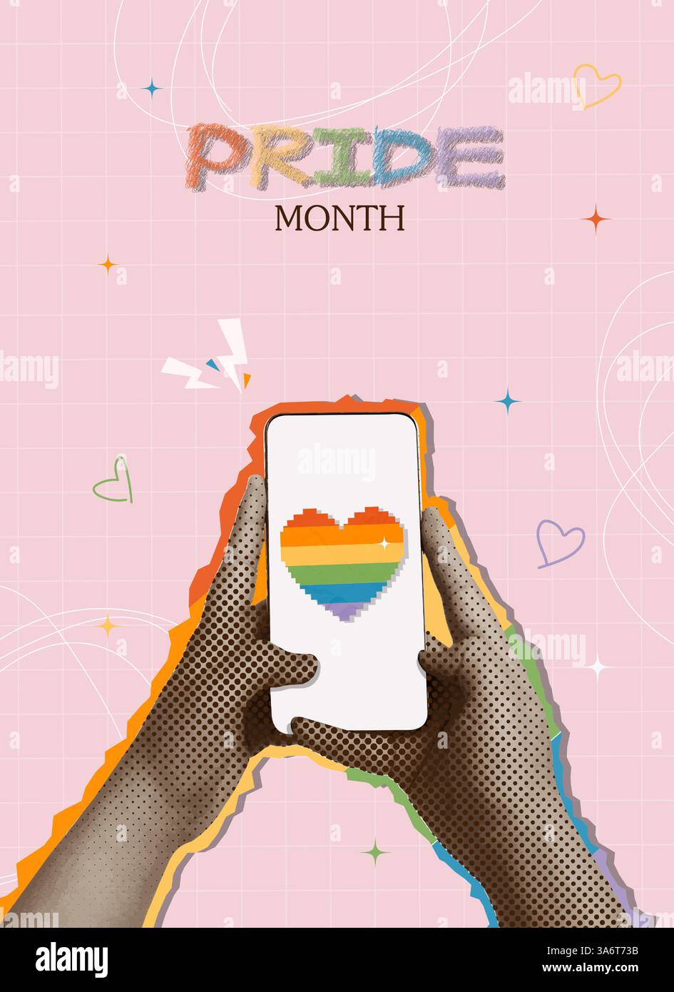 Hände halten ein Telefon, das ein Regenbogenherz für den Pride Month zeigt, Vektor-Illustration Stock Vektor