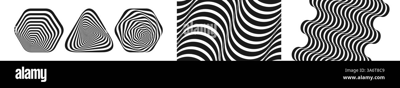 Abstraktes gestreiftes Designelement. Optische Kunst. Wellenmuster mit optischer Illusion. 3D-Vektor-Illustration für Broschüre, Magazin, Poster, Präsentation, Stock Vektor