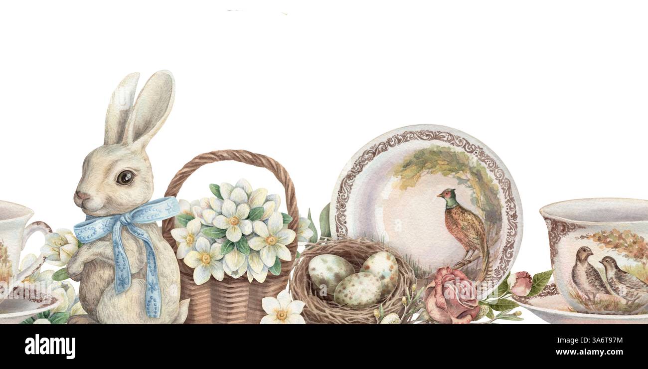 Nahtloser Osterrand mit niedlichem Häschen und Vintage-Geschirr. Handgezeichnetes Aquarelldesign von Blumenkorb und Eiernest. Grafikdruck ideal für Karten Stockfoto