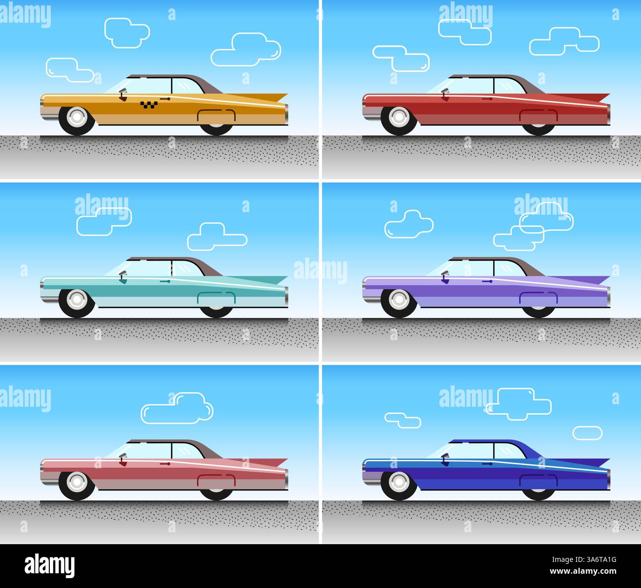 Farbenfrohe Retro-Classic-Fahrzeuge in verschiedenen Designs und Sky Background Display Stock Vektor