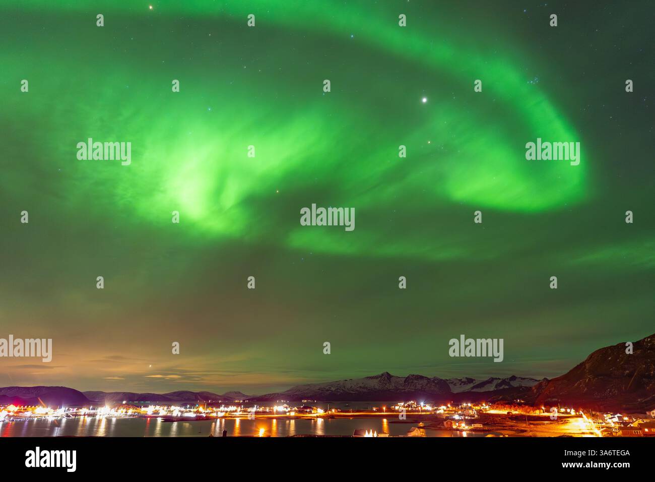 Wunderschöne Aurora Borealis über dem Haus auf der Insel Kvaløya, tanzende Nordlichter mit grünem Licht, roten und lila Strikes, klare farbige Strahlen Stockfoto