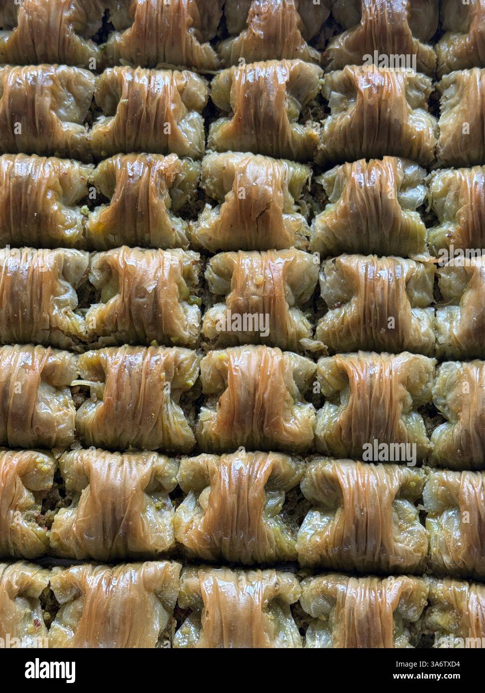 Goldene Reihen aus mit Pistazien gefülltem Baklava mit zarten Schichten, die von Sirup glitzern und die Handwerkskunst unterstreichen Stockfoto