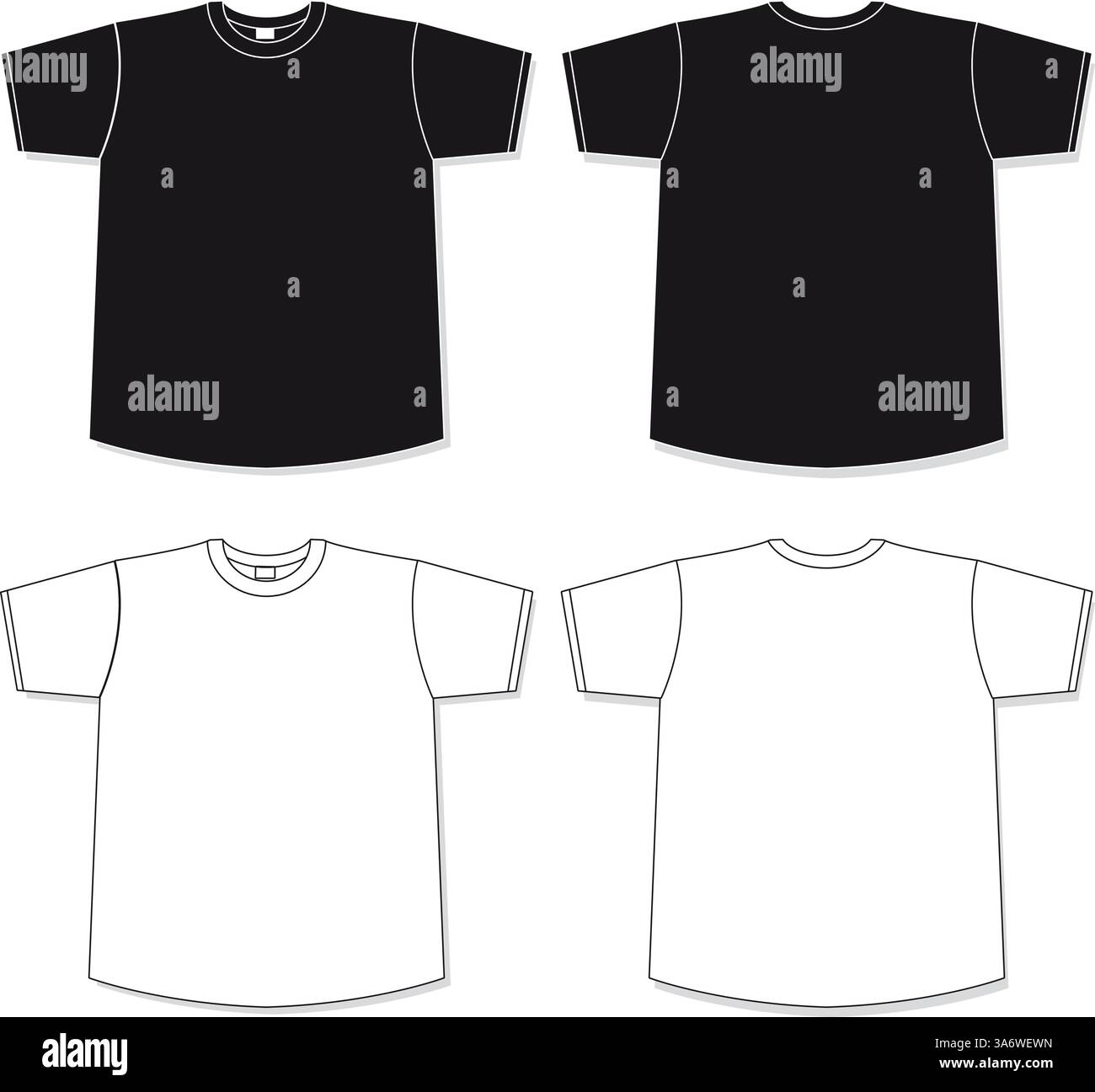 Vorlagen für T-Shirt-Bekleidung. Vorder- und Rückansicht eines schwarzen und weißen T-Shirts für Männer und Frauen. Modell isoliert auf weißem Hintergrund. Stock Vektor