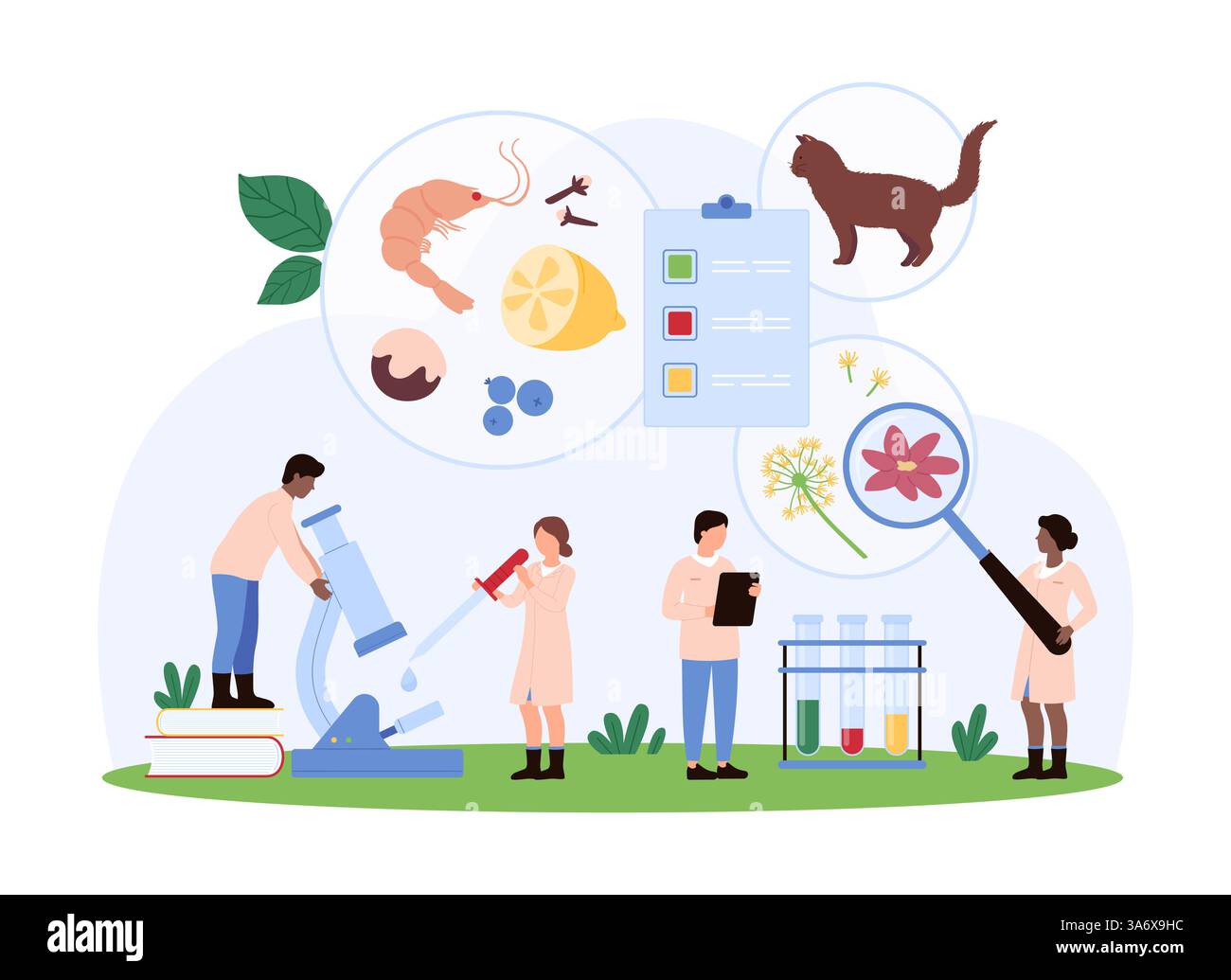 Allergiediagnostik bei ärztlicher Untersuchung. Winzige Menschen studieren verschiedene Arten von Allergenen mit Lupe, saisonale Allergie auf Blütenpollen, Haustiere und Lebensmittel-Cartoon-Vektor-Illustration Stock Vektor