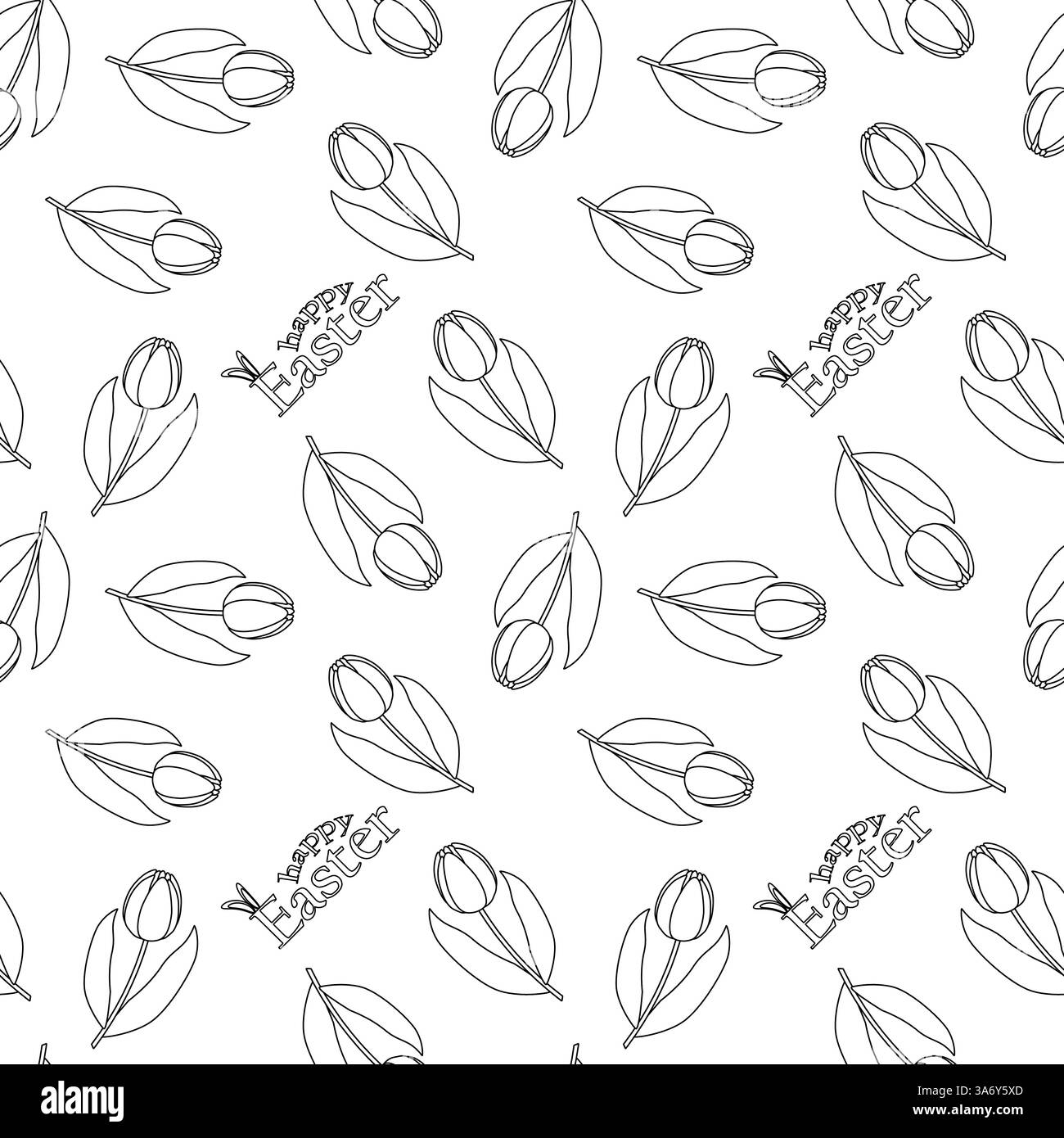 Nahtloses Schwarzweiß-Ostermuster mit handgezeichneten Tulpen und - Happy Easter - Text auf weißem Hintergrund. Ideal zum Ausmalen von Seiten. Stock Vektor