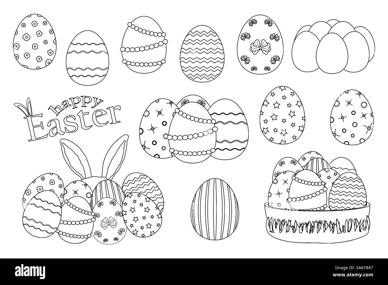 Handgezeichnete Ostereier mit komplizierten Mustern, Blumenmotiven und festlichem „Happy Easter“-Text im Doodle-Stil. Ausmalseite für Kinder. Stock Vektor