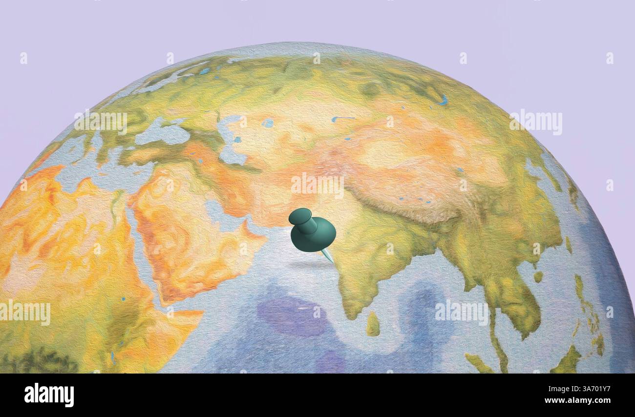 Weltkarte der Erde mit der Nadel auf Mumbai, der großen Stadt in Indien (andere globale Regionen sind Zentralasien, Südasien und Naher Osten). Stockfoto