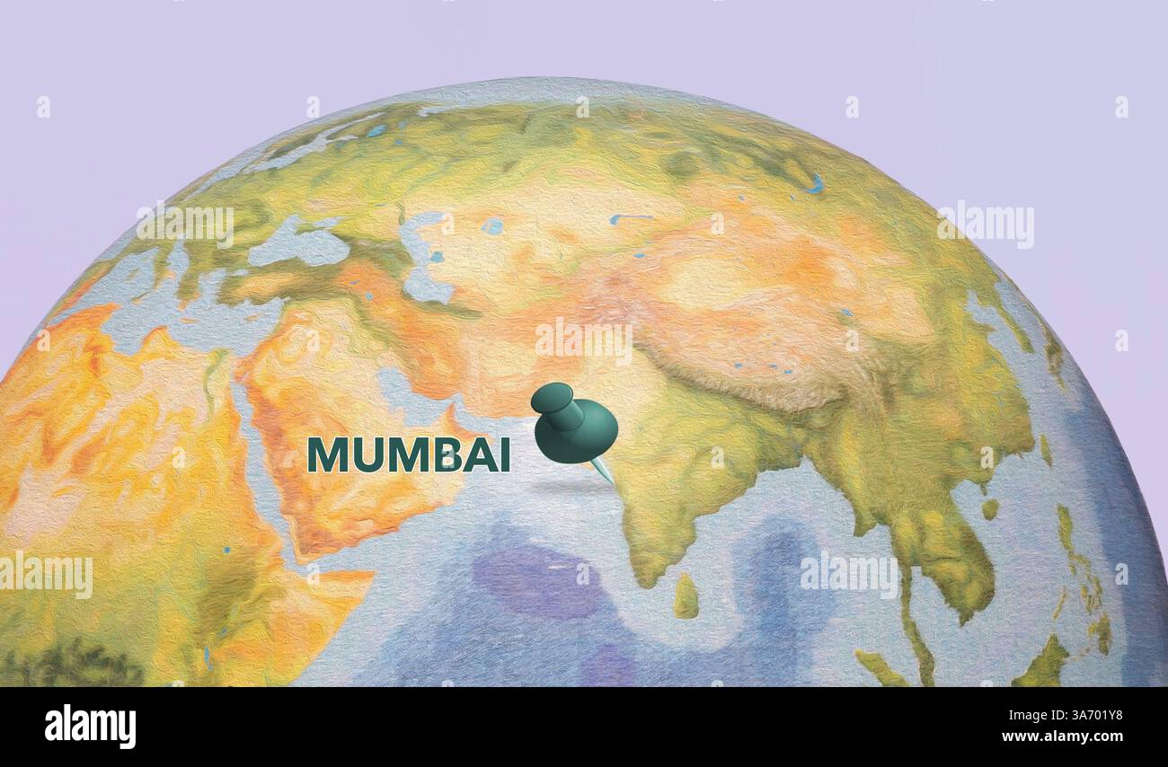 Das Wort „Mumbai“, die große indische Stadt, ist auf der globalen Karte mit Schwerpunkt auf Indien und Südasien angesiedelt. Stockfoto