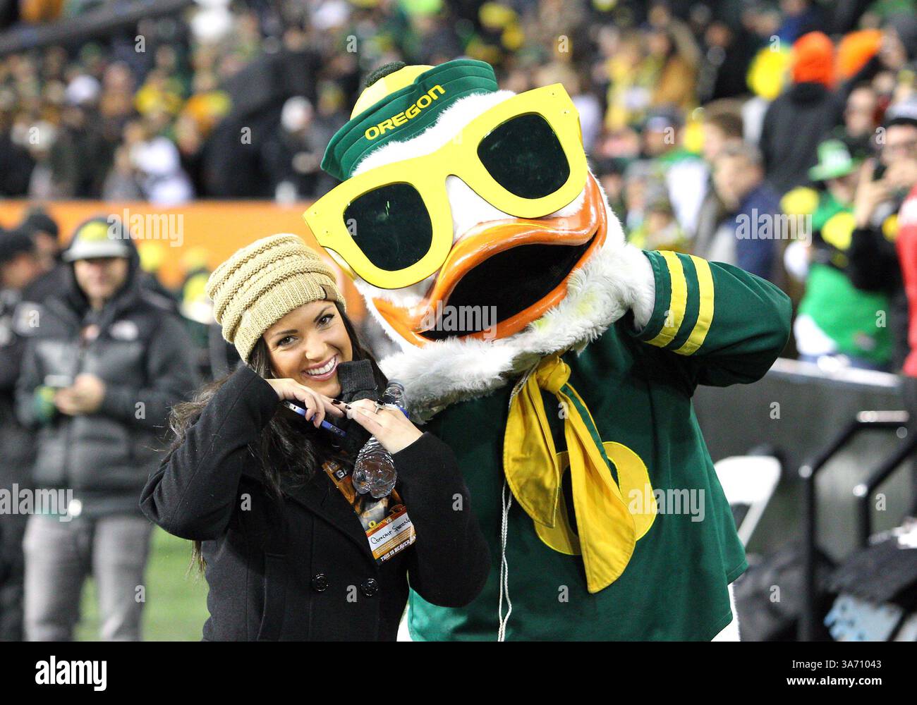 29. November 2014: Die Oregon Duck kuschelt sich mit einem Reporter von Comcast Sportnet zusammen, bevor 2014 der Bürgerkrieg zwischen den Ducks und den Oregon State Beavers im Reser Stadium, Corvallis, OR (Credit Image: © Larry C. Lawson/Cal Sport Media/ZUMAPRESS.com) begann. Stockfoto