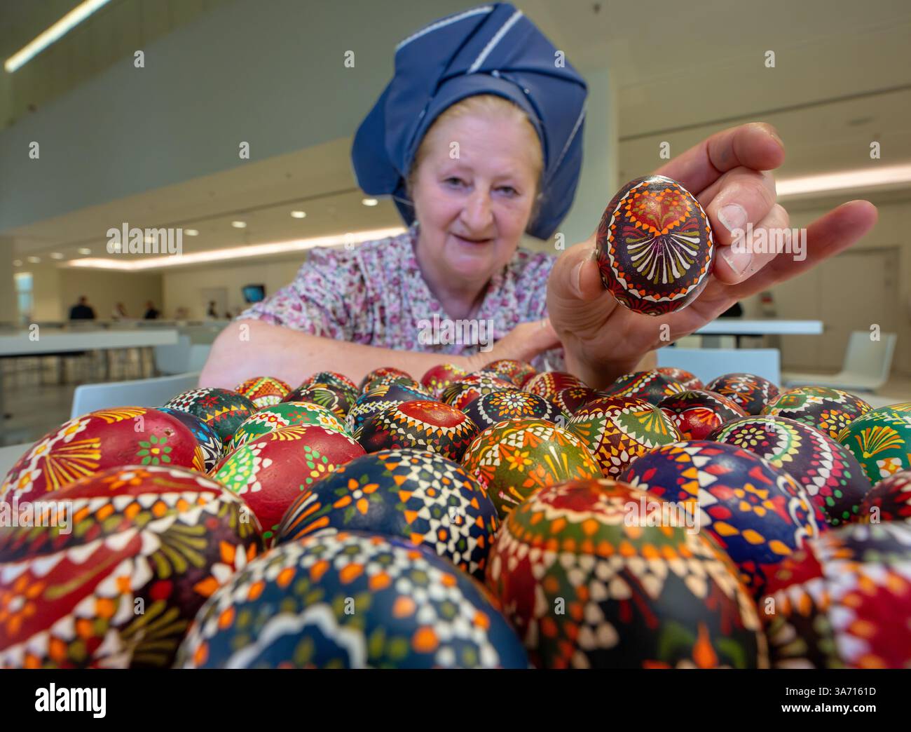 Potsdam, Deutschland. März 2025. Babett Zenker aus dem Heimatmuseum und Freilichtmuseum in Dissen/Stary Lud zeigt im landtag eine Holzplatte mit Hühnereiern, die mit sorbischer Wachsbatiktechnik verziert sind. Quelle: Soeren Stache/dpa/Alamy Live News Stockfoto