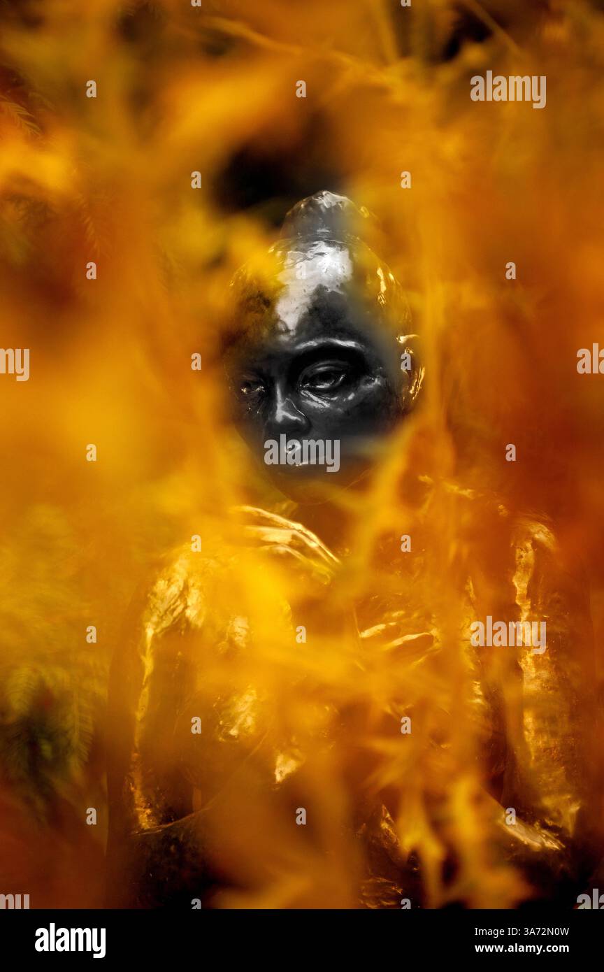 Ethnische Statue umgeben von roter feuriger Aura Stockfoto