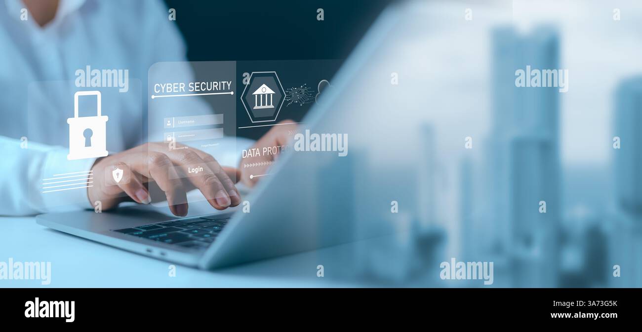 Cybersicherheit und Datenschutzkonzepte zum Schutz von Daten, Datenschutz, Computer für den menschlichen Gebrauch mit Cybersicherheitstechnologie zum Schutz personenbezogener Daten und Stockfoto