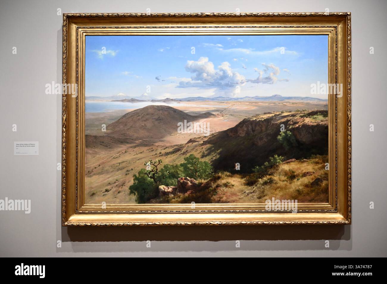 Die erste britische Ausstellung von Mexikos beliebtem Künstler José María Velasco. Velasco, der im 19. Jahrhundert in Mexiko arbeitete, war ein Mann von vielen Interessen. Er war fasziniert von den Fortschritten in der Geologie, der Archäologie seines Heimatlandes, der Erforschung der lokalen Flora und der zunehmenden Industrialisierung. Er malte die weitläufigen Landschaften des Tals von Mexiko, der Heimat des modernen Mexico City, mit exquisiten Details. Sein beeindruckender Panoramablick auf das Tal offenbart Anspielungen auf Mexikos historische Vergangenheit und seine sich schnell modernisierende Gegenwart. Stockfoto