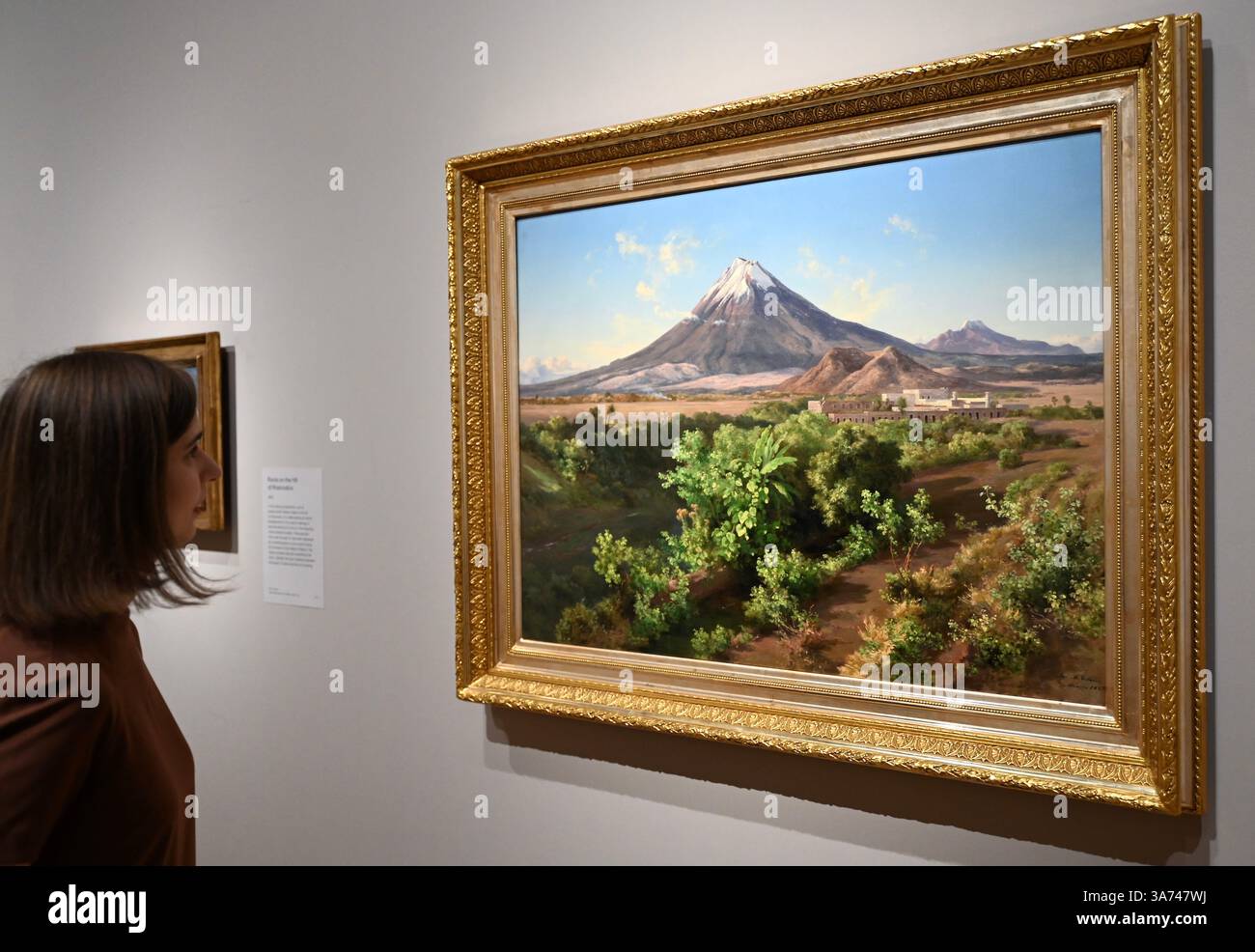 Die erste britische Ausstellung von Mexikos beliebtem Künstler José María Velasco. Velasco, der im 19. Jahrhundert in Mexiko arbeitete, war ein Mann von vielen Interessen. Er war fasziniert von den Fortschritten in der Geologie, der Archäologie seines Heimatlandes, der Erforschung der lokalen Flora und der zunehmenden Industrialisierung. Er malte die weitläufigen Landschaften des Tals von Mexiko, der Heimat des modernen Mexico City, mit exquisiten Details. Sein beeindruckender Panoramablick auf das Tal offenbart Anspielungen auf Mexikos historische Vergangenheit und seine sich schnell modernisierende Gegenwart. Stockfoto