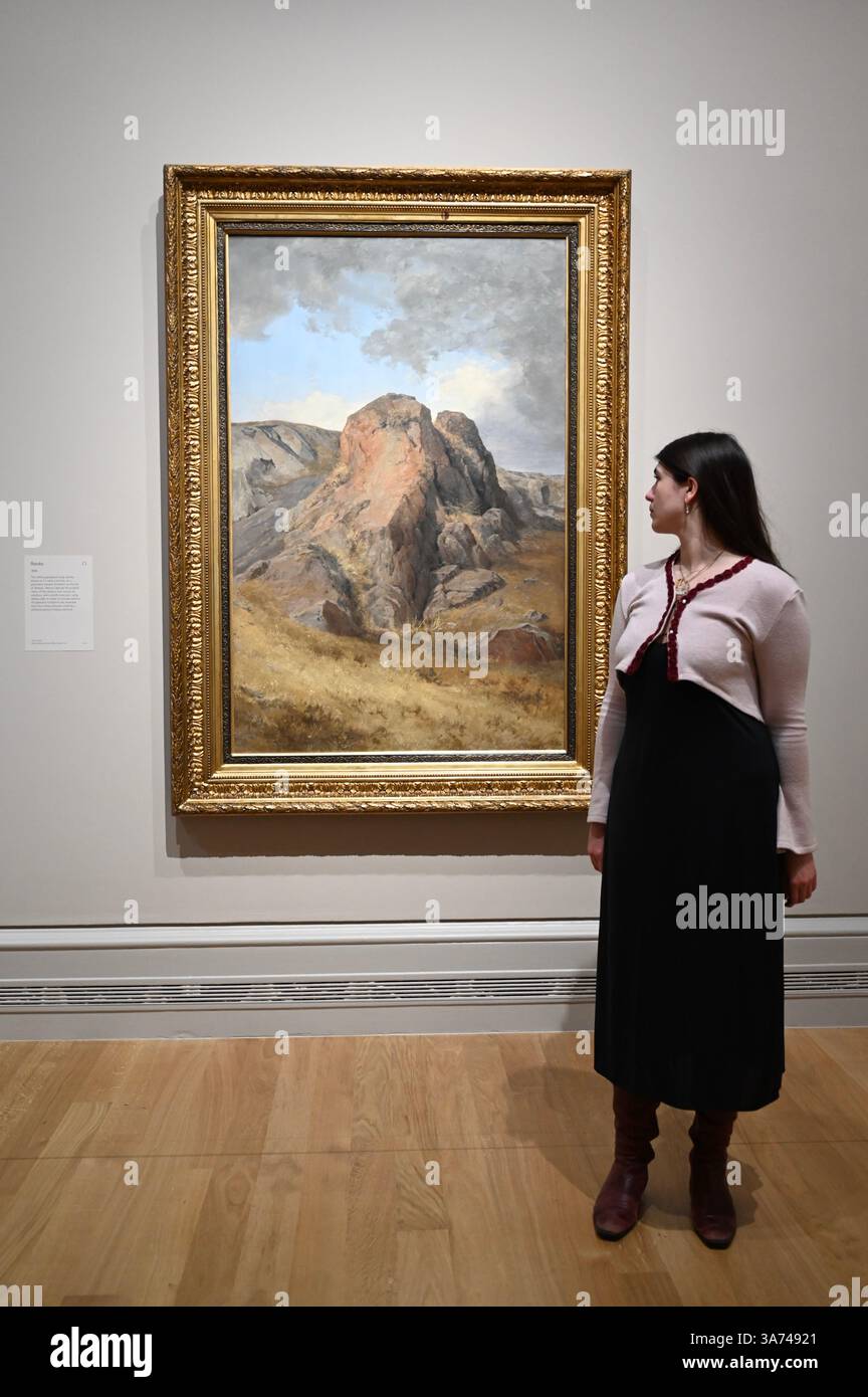 Die erste britische Ausstellung von Mexikos beliebtem Künstler José María Velasco. Velasco, der im 19. Jahrhundert in Mexiko arbeitete, war ein Mann von vielen Interessen. Er war fasziniert von den Fortschritten in der Geologie, der Archäologie seines Heimatlandes, der Erforschung der lokalen Flora und der zunehmenden Industrialisierung. Er malte die weitläufigen Landschaften des Tals von Mexiko, der Heimat des modernen Mexico City, mit exquisiten Details. Sein beeindruckender Panoramablick auf das Tal offenbart Anspielungen auf Mexikos historische Vergangenheit und seine sich schnell modernisierende Gegenwart. Stockfoto