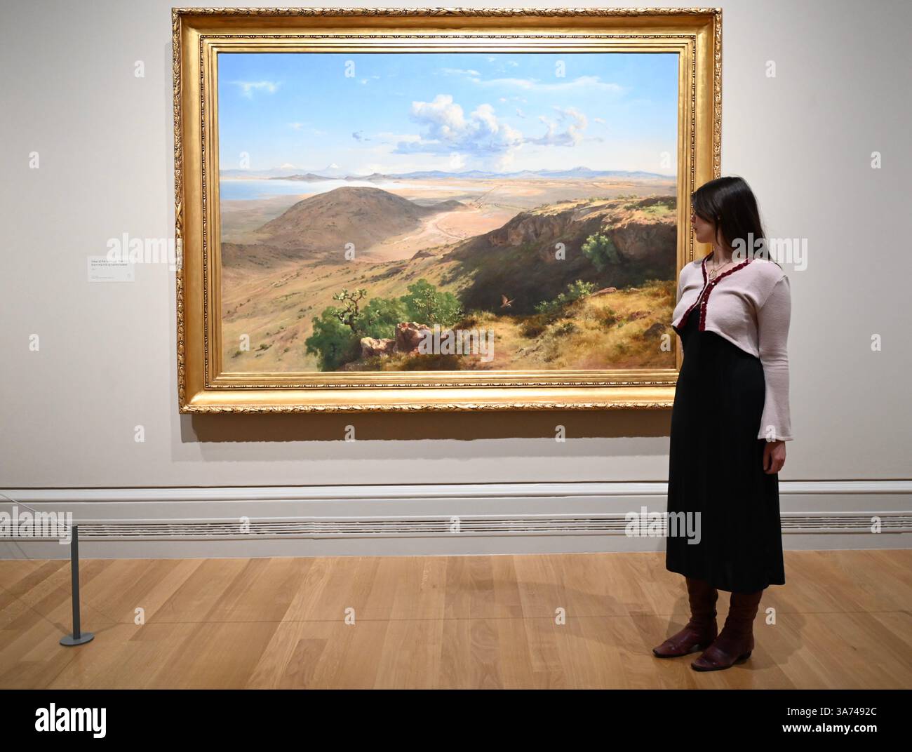 Die erste britische Ausstellung von Mexikos beliebtem Künstler José María Velasco. Velasco, der im 19. Jahrhundert in Mexiko arbeitete, war ein Mann von vielen Interessen. Er war fasziniert von den Fortschritten in der Geologie, der Archäologie seines Heimatlandes, der Erforschung der lokalen Flora und der zunehmenden Industrialisierung. Er malte die weitläufigen Landschaften des Tals von Mexiko, der Heimat des modernen Mexico City, mit exquisiten Details. Sein beeindruckender Panoramablick auf das Tal offenbart Anspielungen auf Mexikos historische Vergangenheit und seine sich schnell modernisierende Gegenwart. Stockfoto