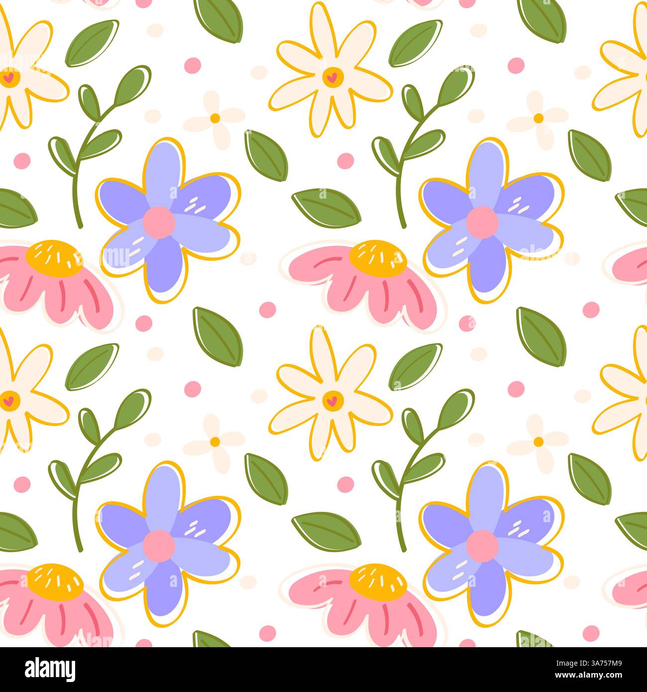 Handgezeichnetes nahtloses Blumenmuster mit rosa, gelben und blauen Blüten und grünen Blättern Stock Vektor