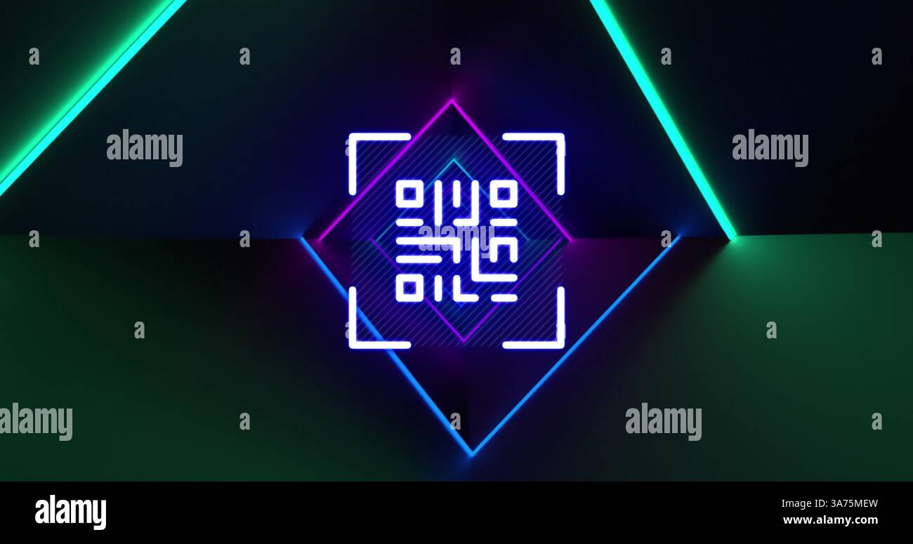 Bild des qr-Codes, der über grünem Neonhintergrund leuchtet Stockfoto