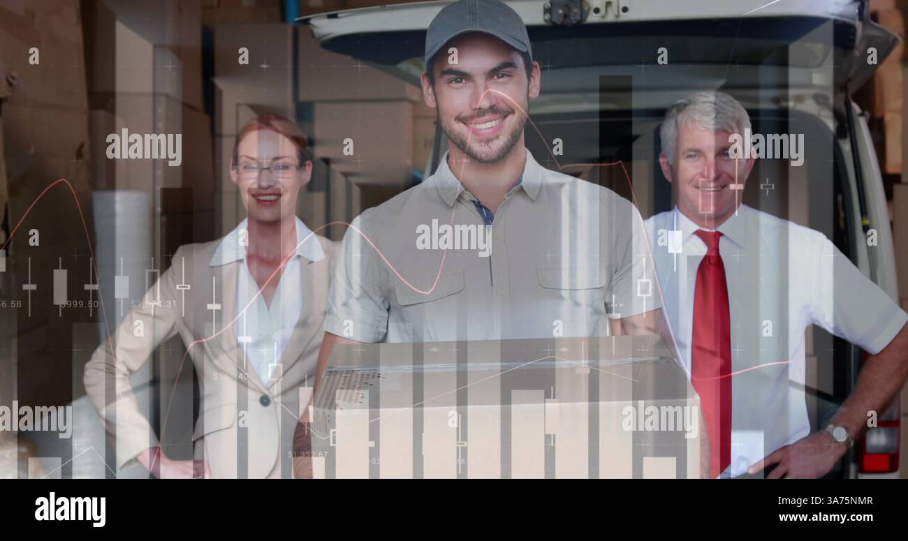 Statistische Datenverarbeitung gegen Porträt männlicher und weiblicher Vorgesetzter und lächelnder Entbindungsmann Stockfoto